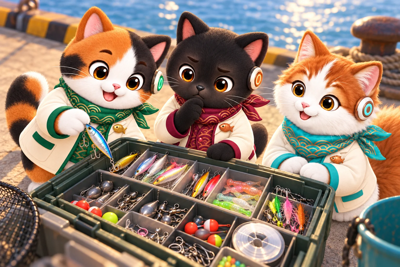 仕掛け沼の作戦家の世界を、釣りを楽しむなみねこたちで表現したイラスト