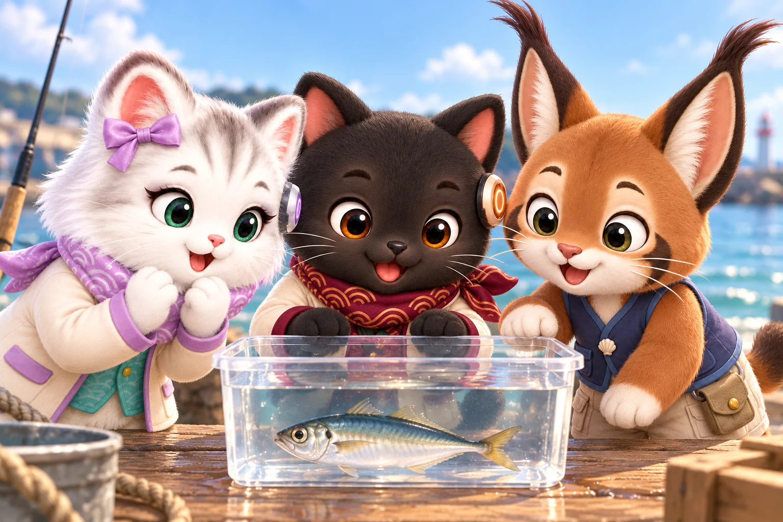一匹から広がる図鑑派の世界を、釣りを楽しむなみねこたちで表現したイラスト