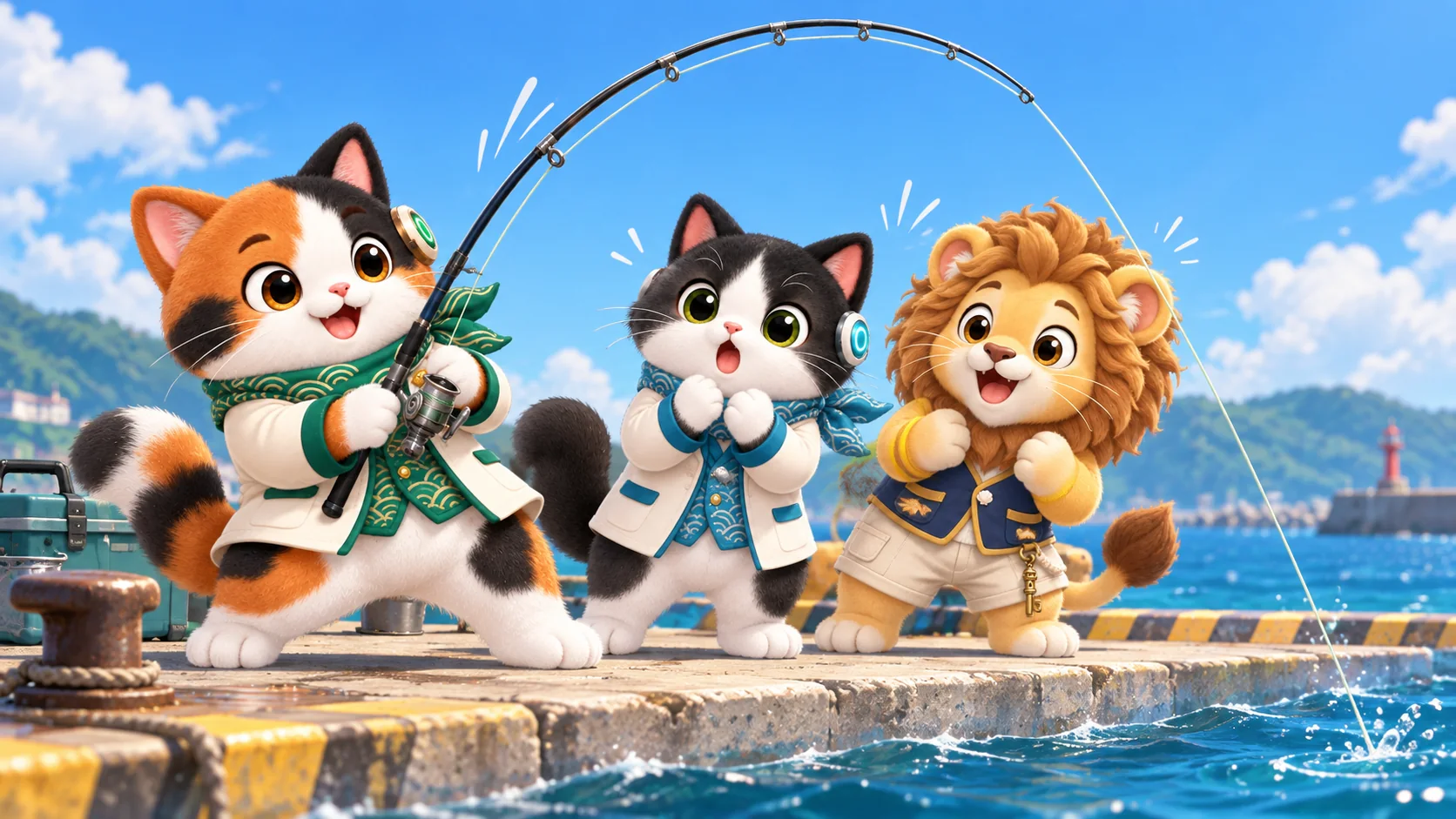 青空の港で釣りを楽しむなみねこたち