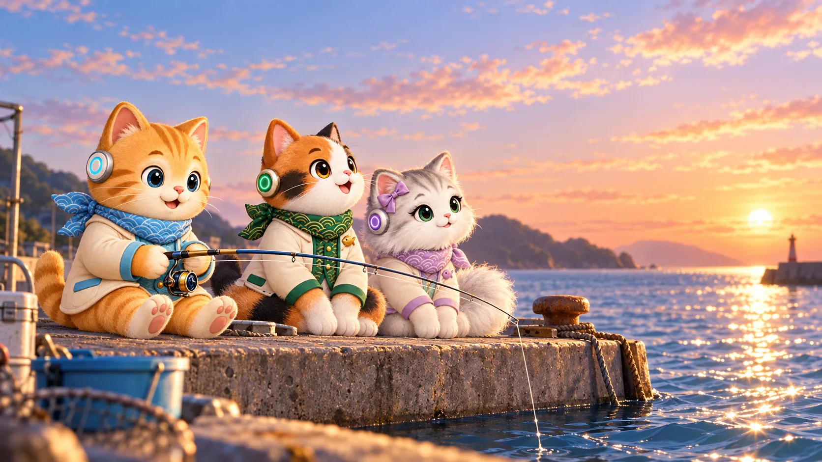 ウキ見の達人の世界を、釣りを楽しむなみねこたちで表現したイラスト