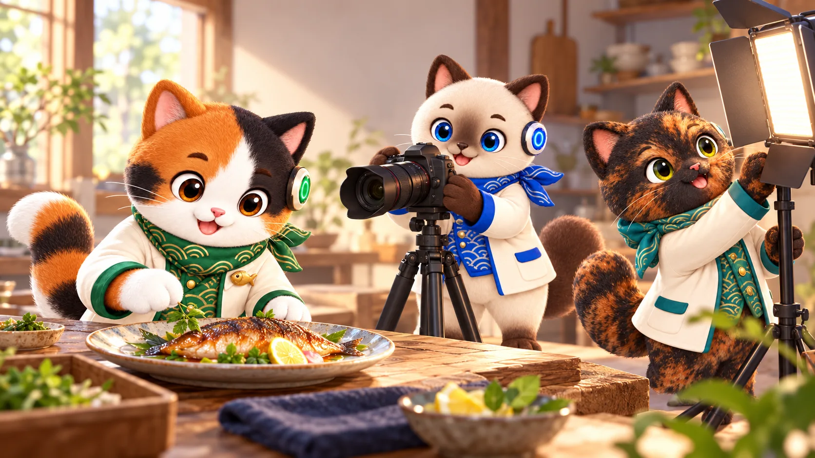 釣る前から料理長の世界を、釣りを楽しむなみねこたちで表現したイラスト